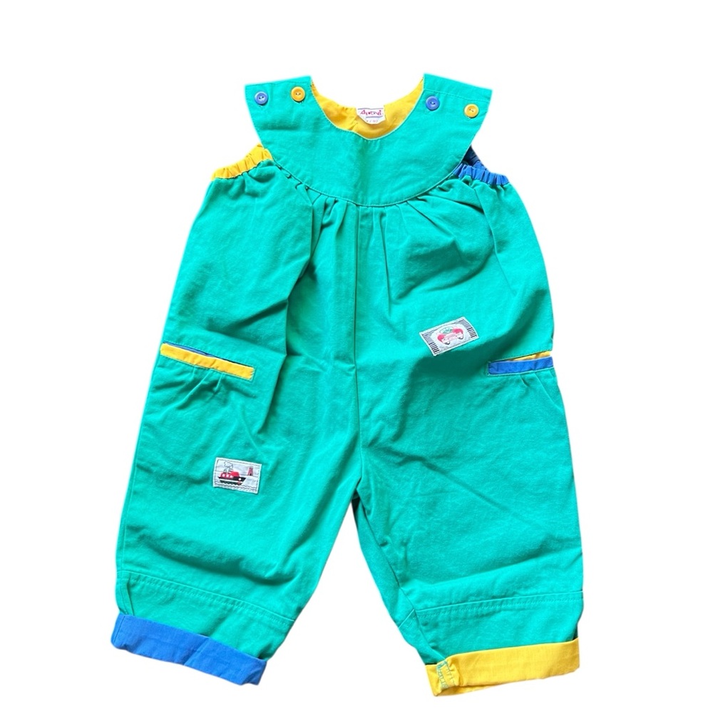 Vintage 1990s Art Viti Color block Green Blue Romper Overalls Unisex Kids Retro